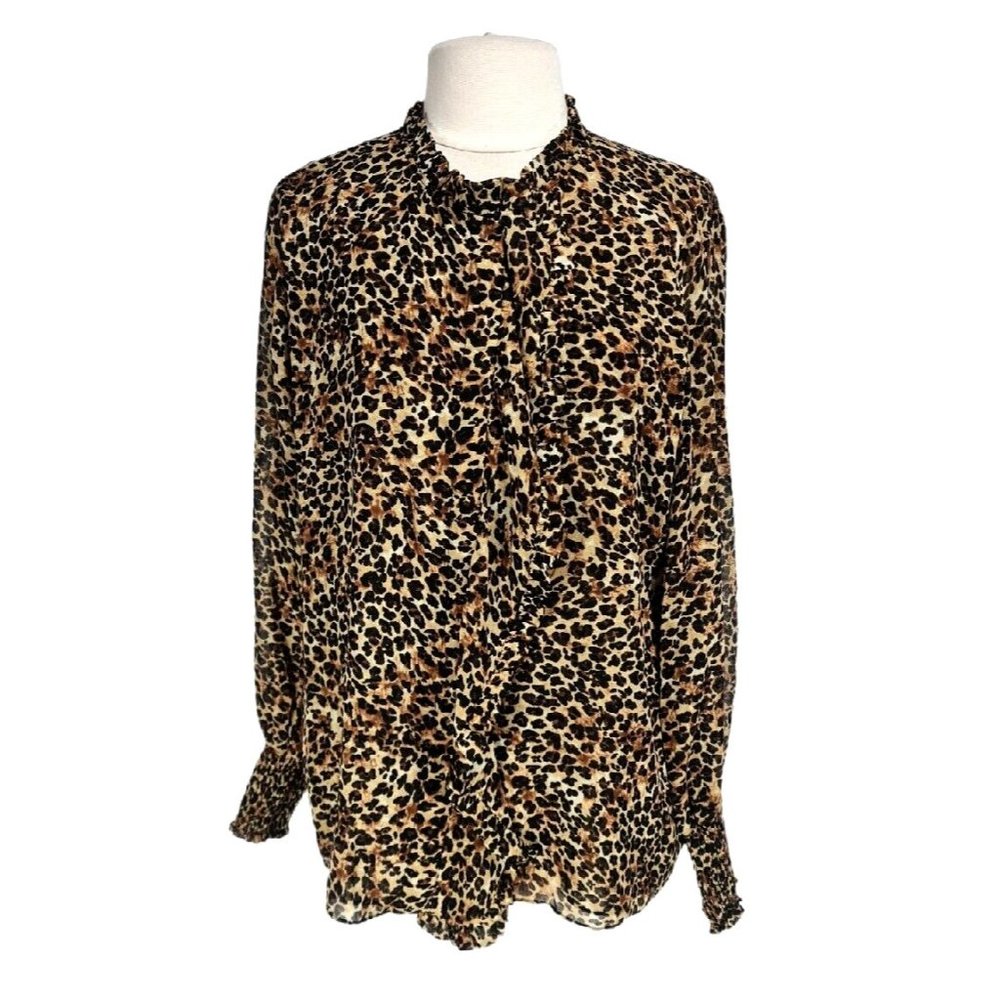 TTAHARI Womens Button Up Top Long Sleeve Shirt Ruffle Sz XL Cheetah Chiffon  45P